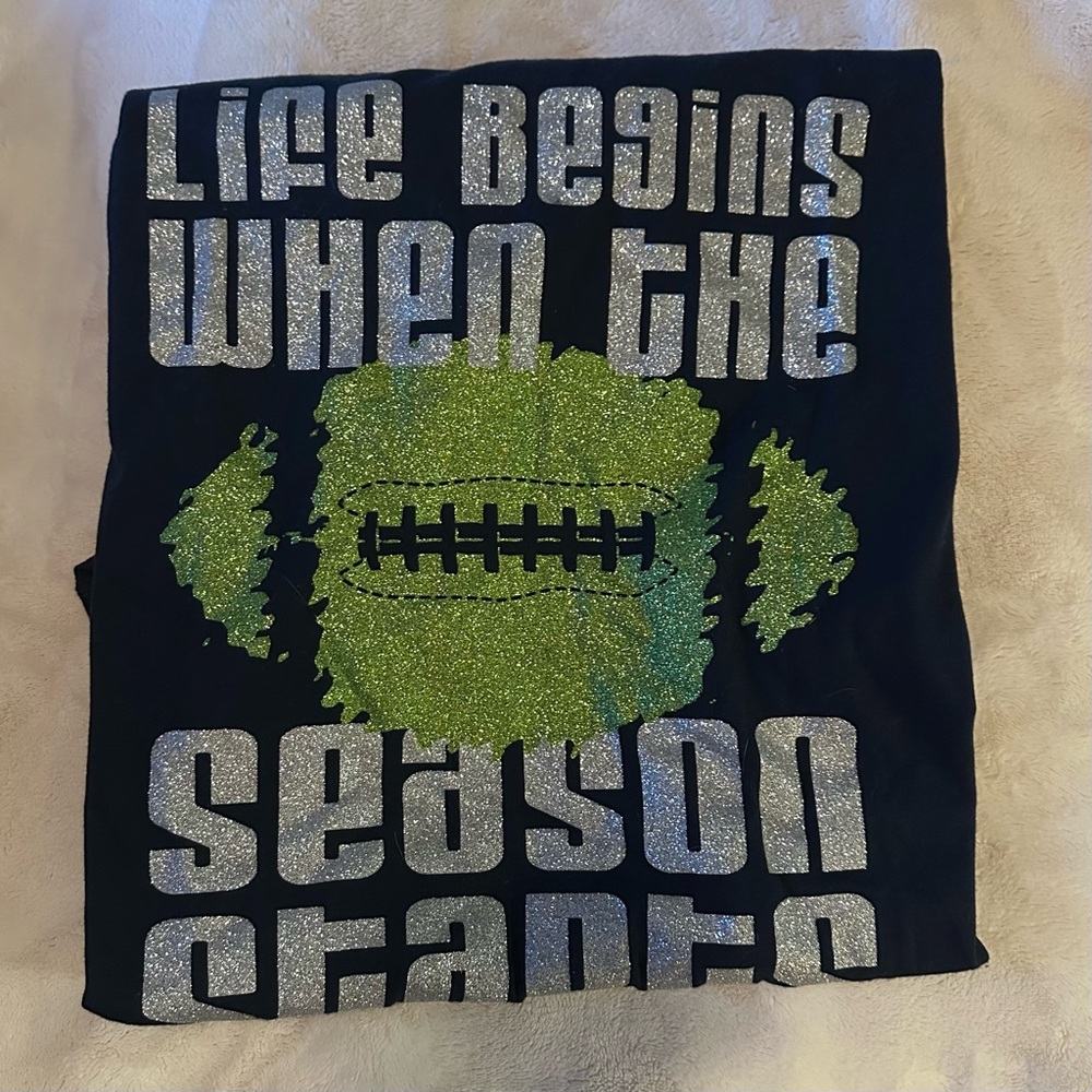 Black T-Shirt with Glittery Green Football Design